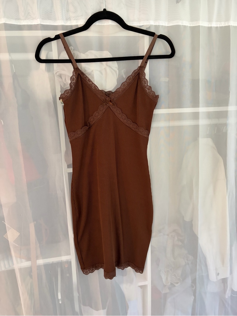 Divided Brown Lace-Trim Ribbed Slip Dress